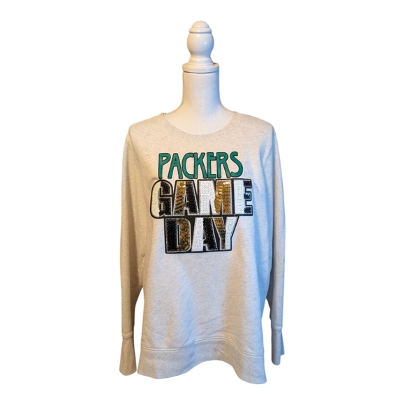 GREEN Bay Packers Repurposed Sequin Game Day Sweatshirt 1X - Picture 1 of 9